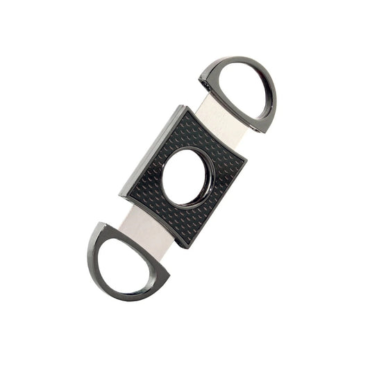 Cigar cutter with black and silver design on a white background