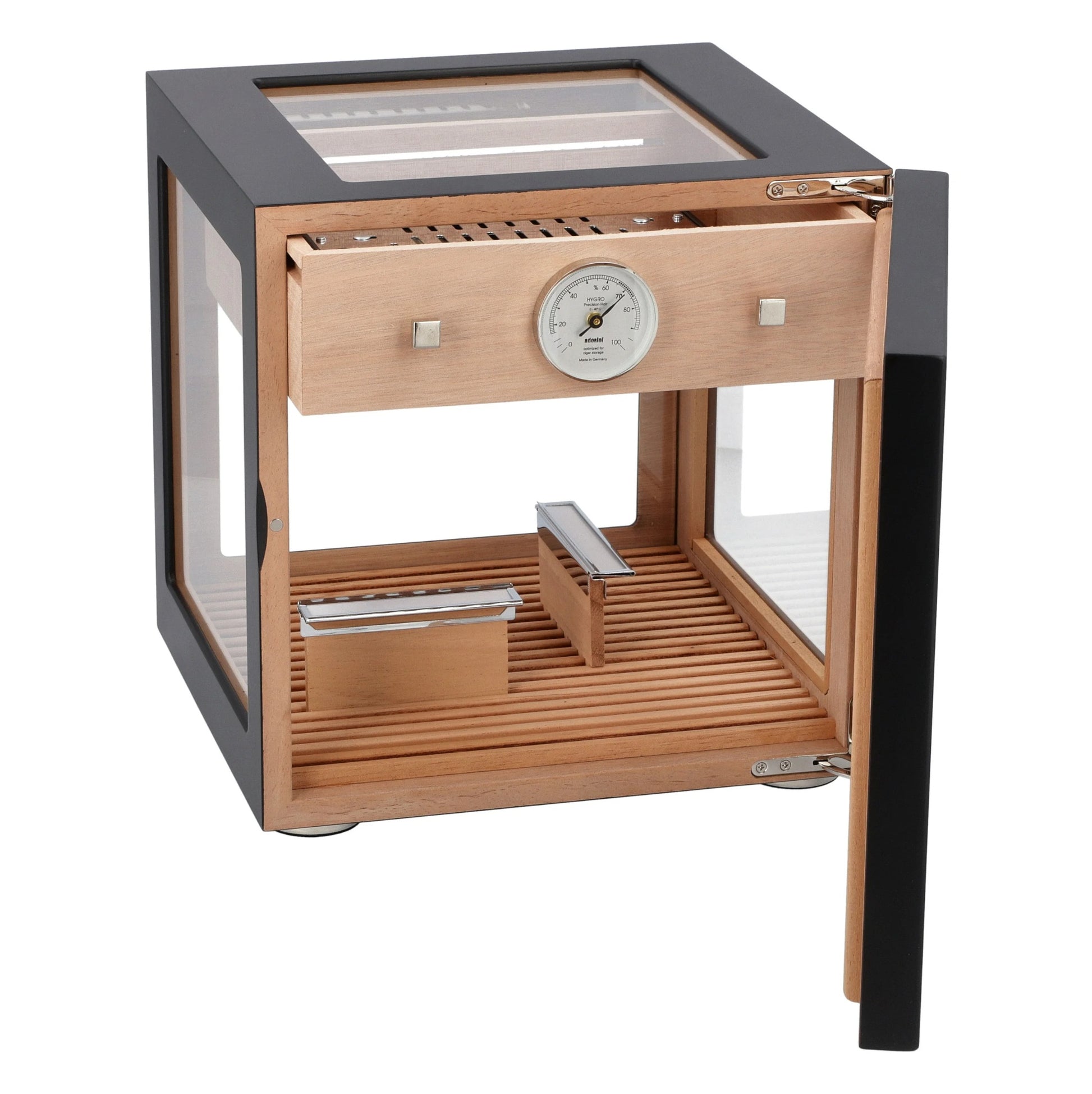 Wooden humidor with glass top and black frame on a white background