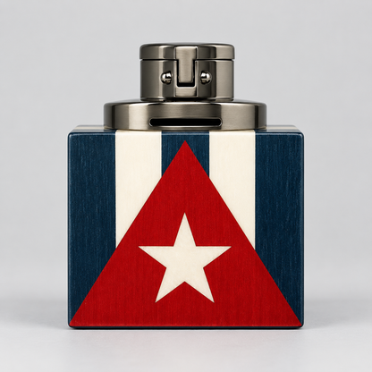 A square wooden lighter with a Cuban flag design, featuring a brushed metal lighter mechanism on top, set against a neutral gray background.
