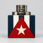 A square wooden lighter with a Cuban flag design, featuring a brushed metal lighter mechanism on top, set against a neutral gray background.