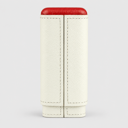 A cream-colored textured leather pouch with a vibrant red top lid, shown against a neutral light gray background.