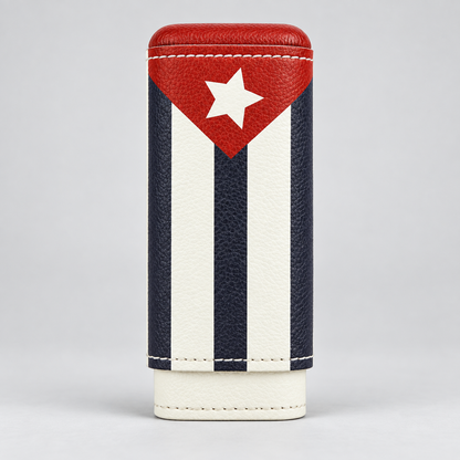 A cylindrical leather accessory cover featuring the Cuban flag design with red, white, and navy blue vertical stripes and a white star on a red triangle at the top, photographed on a light gray background.