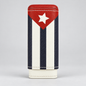 A cylindrical leather accessory cover featuring the Cuban flag design with red, white, and navy blue vertical stripes and a white star on a red triangle at the top, photographed on a light gray background.