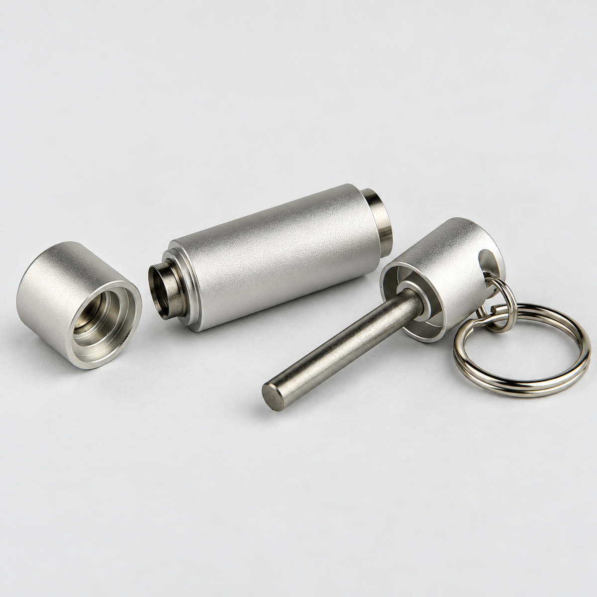 A silver metallic self-defense keychain tool shown disassembled on a light gray background, featuring a cylindrical body, a separate cap, a protruding pin, and a key ring.