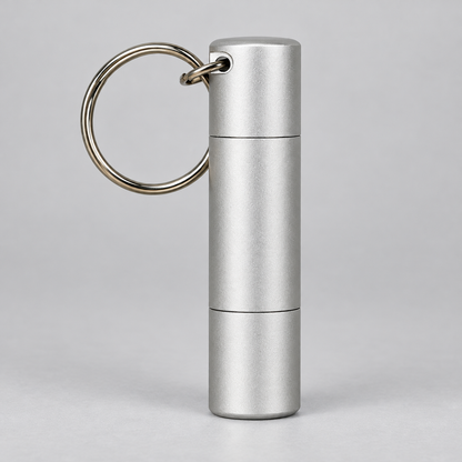 A silver metallic cylindrical keychain container with a split ring, shown on a neutral light gray background.