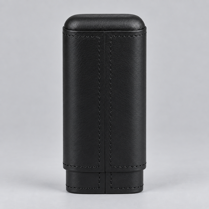 A black leather cigar case with a textured finish, visible stitching, and a rounded top, shown against a neutral gray background.