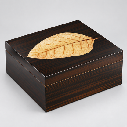 A square dark wood presentation box with a glossy finish, featuring an inlaid dried leaf on the lid, set against a neutral light gray background.