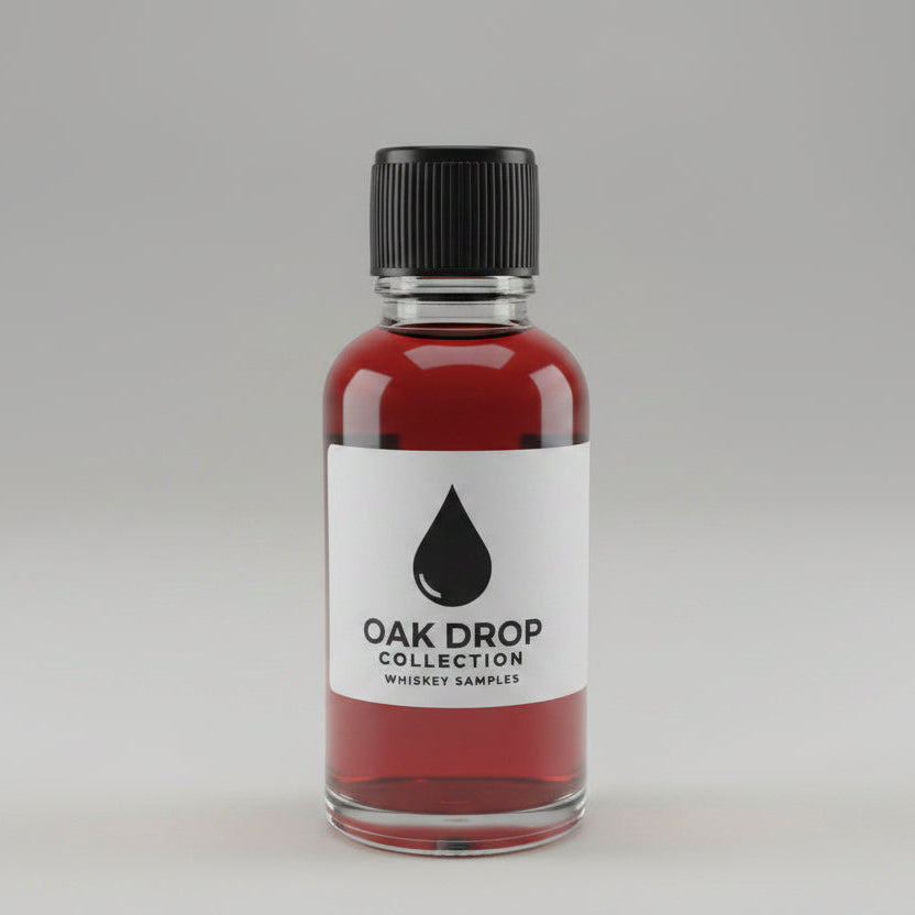 Bottle of Oak Drop Collection whiskey sample on a bar counter with a blurred bar background