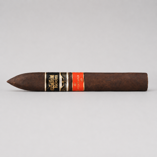 A single dark brown cigar with a black and gold band reading 'Cigar Room' and a red band, photographed horizontally against a light gray background.