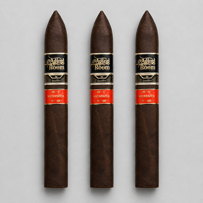 Three dark brown cigars with black and red bands labeled 'Aging Room' and 'Nicaraguan', arranged vertically on a light gray background.