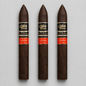 Three dark brown cigars with black and red bands labeled 'Aging Room' and 'Nicaraguan', arranged vertically on a light gray background.