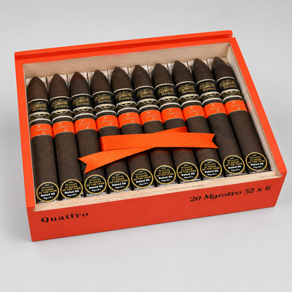 A boxed set of 20 cigars from Quattro Muestro, arranged in a red presentation box with an orange ribbon, photographed on a light gray background.