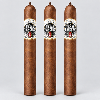 Three tall, uncut cigars standing upright side by side on a light gray studio background. Each cigar has a brown textured wrapper and a decorative paper label reading 'C.