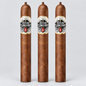 Three tall, uncut cigars standing upright side by side on a light gray studio background. Each cigar has a brown textured wrapper and a decorative paper label reading 'C.