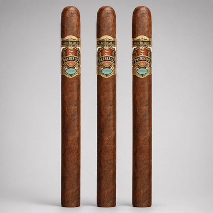 Three tall, slender cigars standing upright against a light gray studio background. Each cigar has a warm medium-brown wrapper and a decorative band near the top featuring the brand name 'Luis Alvarez' and the product name 'Premiado'.