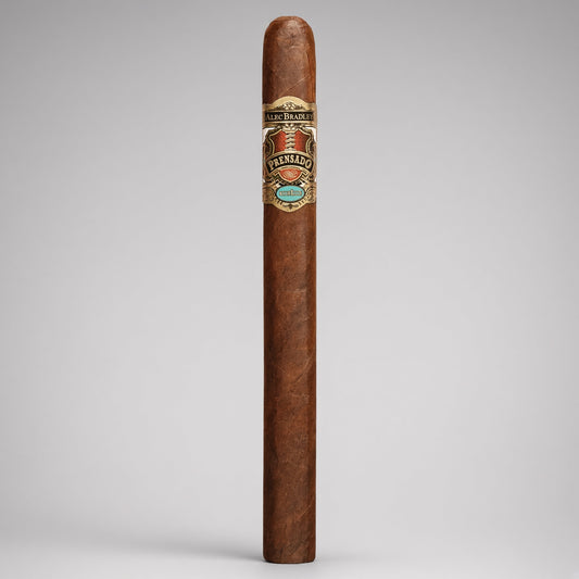 A single premium cigar standing upright against a neutral light gray background. The cigar has a rich medium-brown wrapper with a detailed silver, gold, and turquoise band from the brand Los Altos.