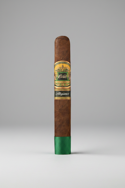 A single premium cigar shown vertically against a solid white background. The cigar features a rich brown textured wrapper with a decorative gold, green, and black band labeled 'Louis Philippe' and 'Majestic'.