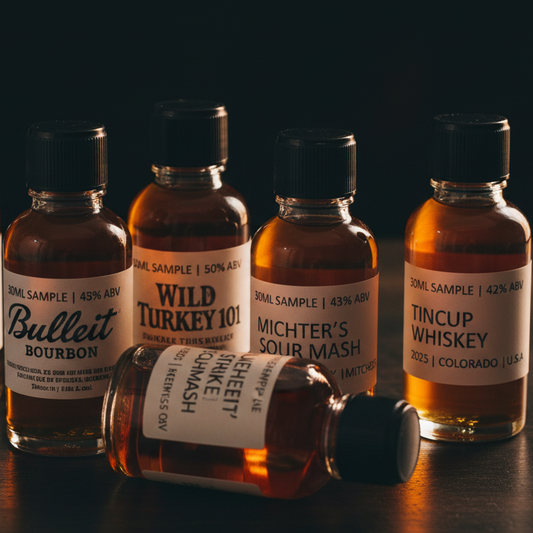 Five American whiskey 30ml sample bottles arranged together in a premium flat lay