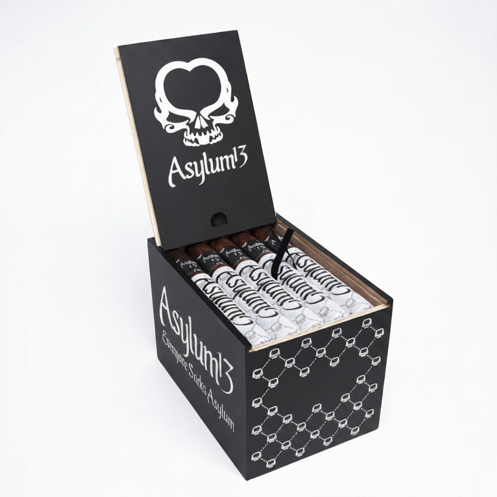 Box of Asylum3 products with skull logo on a white background