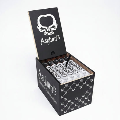 Box of Asylum3 products with skull logo on a white background