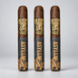 Three cigars standing upright in a row on a light gray background. Each cigar has a dark brown wrapper top with a gold and white skull logo reading 'ASYLUM', and a dark gray patterned band with vertical 'ASYLUM' text and gold decorative graphics.