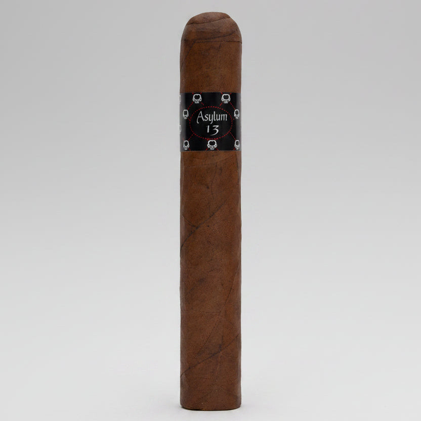 Cigar with a black band labeled 'Asylum 13' on a white background