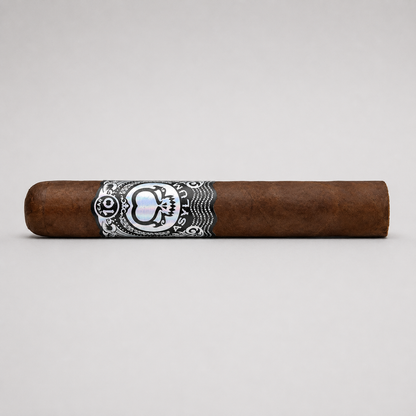 A single brown cigar with a detailed black, white, and silver band, photographed horizontally against a neutral light gray background.