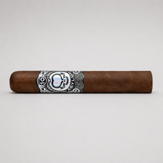 A single brown cigar with a detailed black, white, and silver band, photographed horizontally against a neutral light gray background.