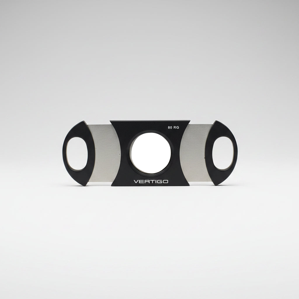 A Vertigo 80 RG cigar cutter with a black and brushed silver metal design, shown against a plain white background.