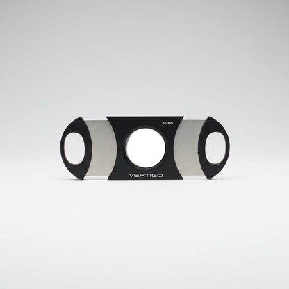 A Vertigo 80 RG cigar cutter with a black and brushed silver metal design, shown against a plain white background.