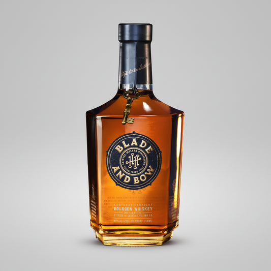 A bottle of Blade and Bow bourbon whiskey with amber liquid, a black cap, and a black and gold label, centered on a light gray background.