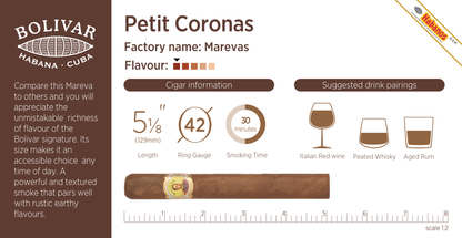 A product information card for a Bolivar Petit Coronas cigar. The card features the Bolivar Habana Cuba logo on a dark brown background on the left, product details on the right including 'Petit Coronas', 'Factory name: Marevas', 'Flavour:', 'Cigar information' with measurements, and 'Suggested drink pairings' with wine and whiskey glasses.