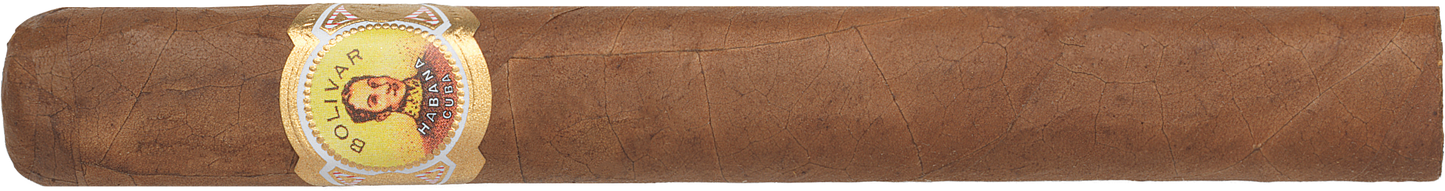 A single brown cigar with a circular gold and white label featuring a portrait, shown against a plain white background.