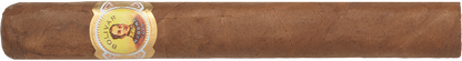 A single brown cigar with a circular gold and white label featuring a portrait, shown against a plain white background.