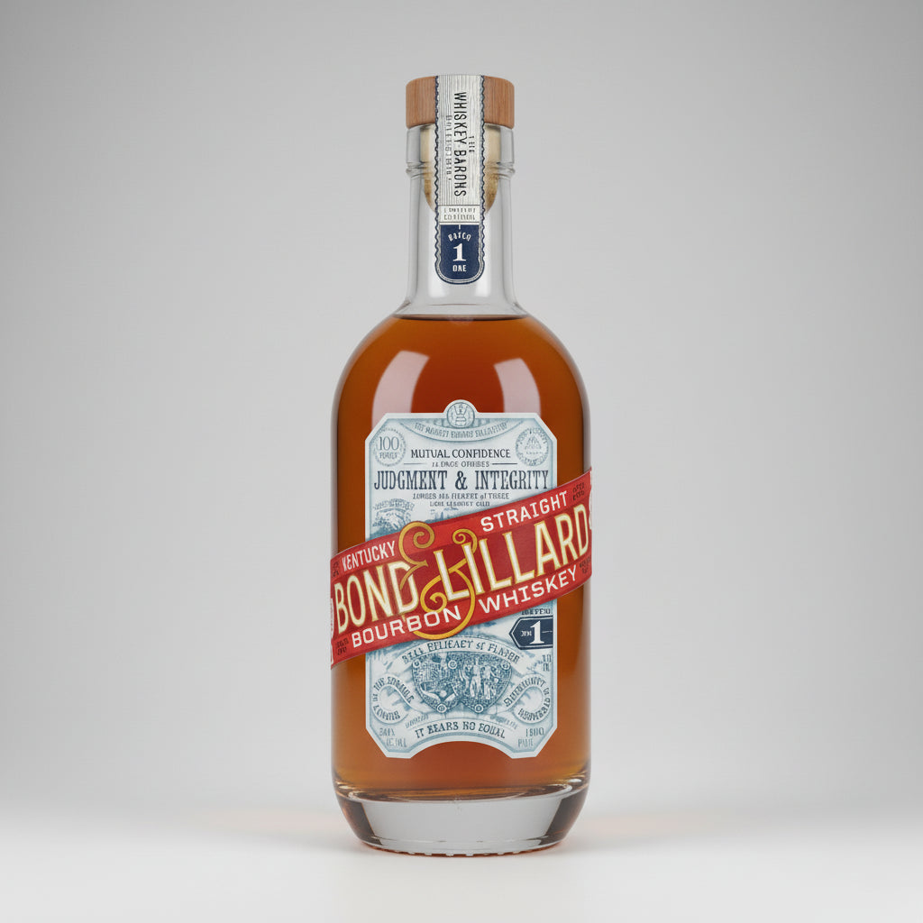 A bottle of Bond Hillard Kentucky Straight Bourbon Whiskey with amber liquid, featuring a red diagonal banner and ornate blue and white label details.