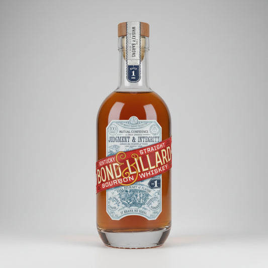 A bottle of Bond Hillard Kentucky Straight Bourbon Whiskey with amber liquid, featuring a red diagonal banner and ornate blue and white label details.