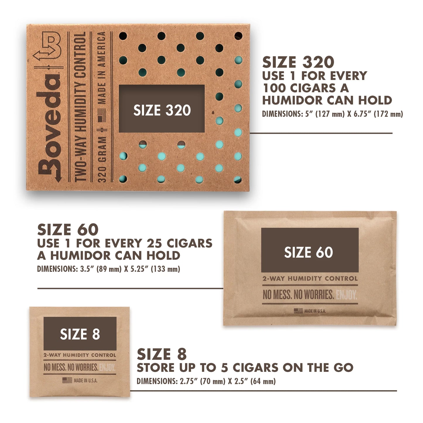 Boveda humidity control packaging with size options and dimensions.