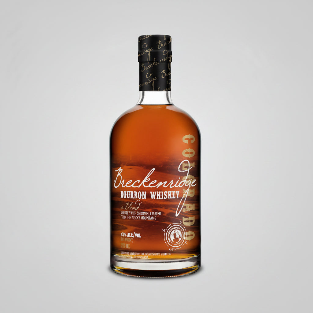 A bottle of Breckenridge Bourbon Whiskey against a plain white background. The bottle is filled with amber liquor and features a black cap with gold script and a matching black label with gold lettering.
