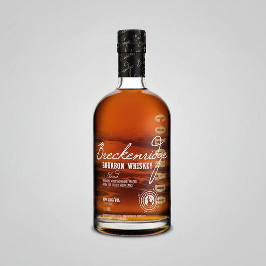 A bottle of Breckenridge Bourbon Whiskey against a plain white background. The bottle is filled with amber liquor and features a black cap with gold script and a matching black label with gold lettering.