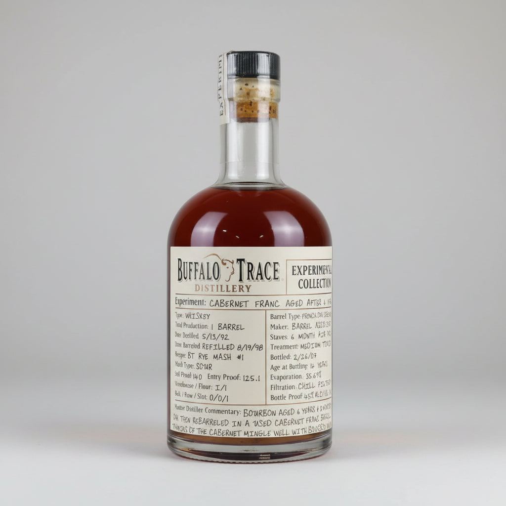 A bottle of Buffalo Trace Distillery Experimental Collection whiskey with a detailed vintage-style paper label, set against a plain white background.