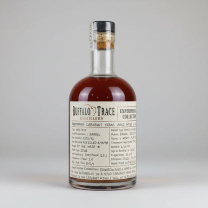 A bottle of Buffalo Trace Distillery Experimental Collection whiskey with a detailed vintage-style paper label, set against a plain white background.