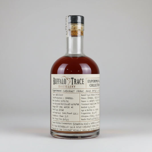 A bottle of Buffalo Trace Distillery Experimental Collection whiskey with a detailed vintage-style paper label, set against a plain white background.
