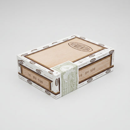 A box of 10 Buenaventura cigars, featuring light wood panels on the top and sides, white paper-wrapped edges with black text, and a green-and-white paper band wrapped around the middle.