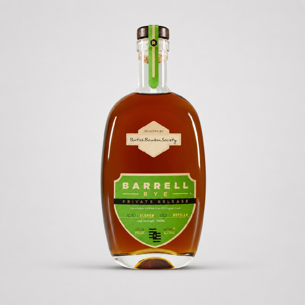 A bottle of Barrel Rye Private Release bourbon whiskey, featuring a clear glass bottle filled with amber liquid, a green and beige label, and a green neck seal, set against a neutral light gray background.