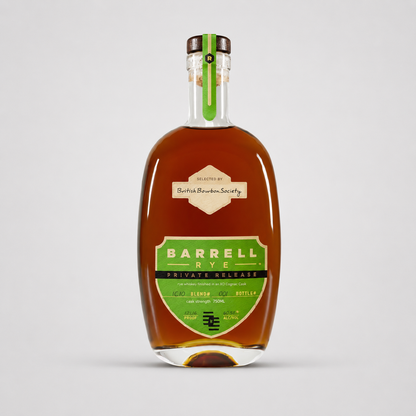 A bottle of Barrel Rye Private Release bourbon whiskey, featuring a clear glass bottle filled with amber liquid, a green and beige label, and a green neck seal, set against a neutral light gray background.