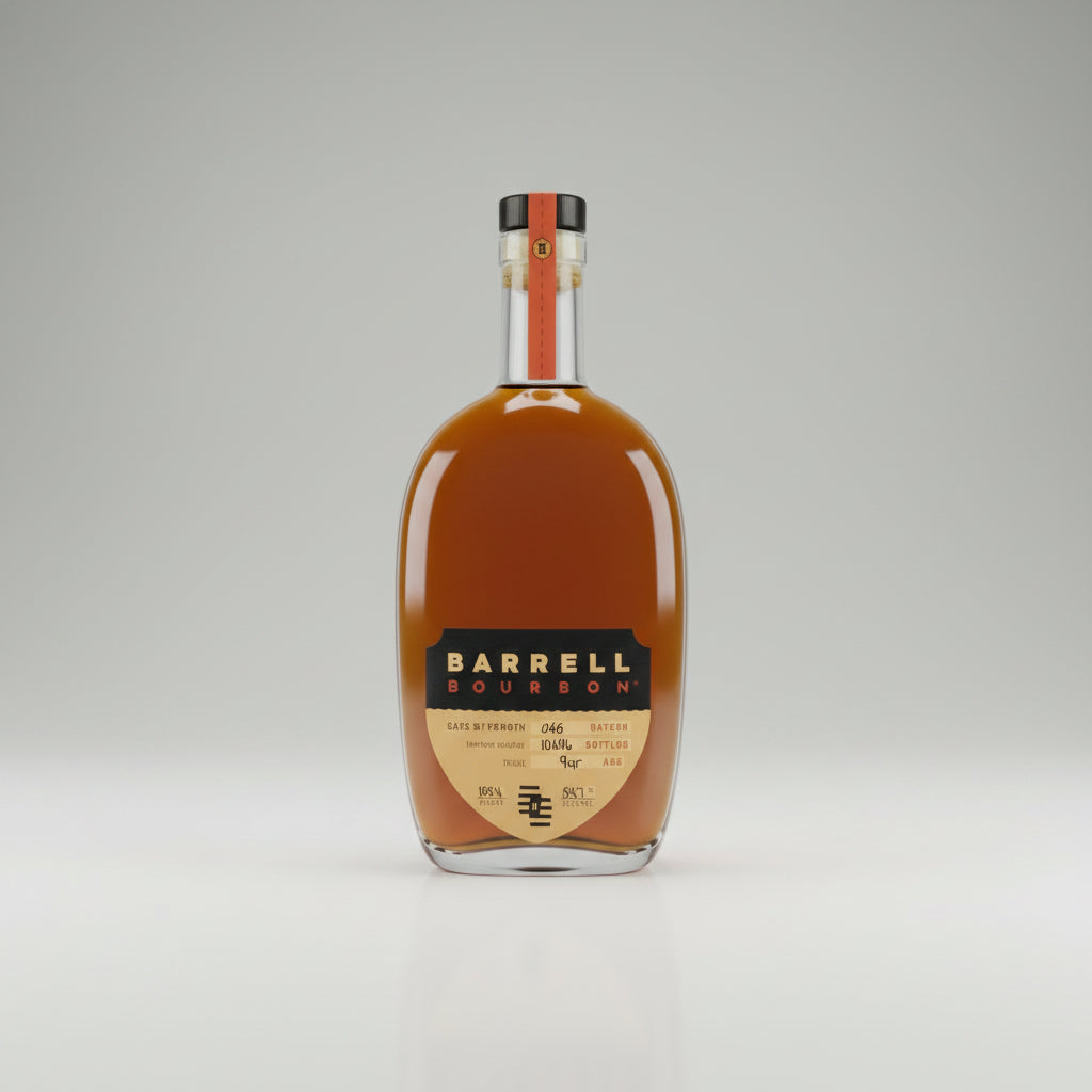 A bottle of Barrel Gold Whiskey with a small filled whiskey glass on a light beige surface.