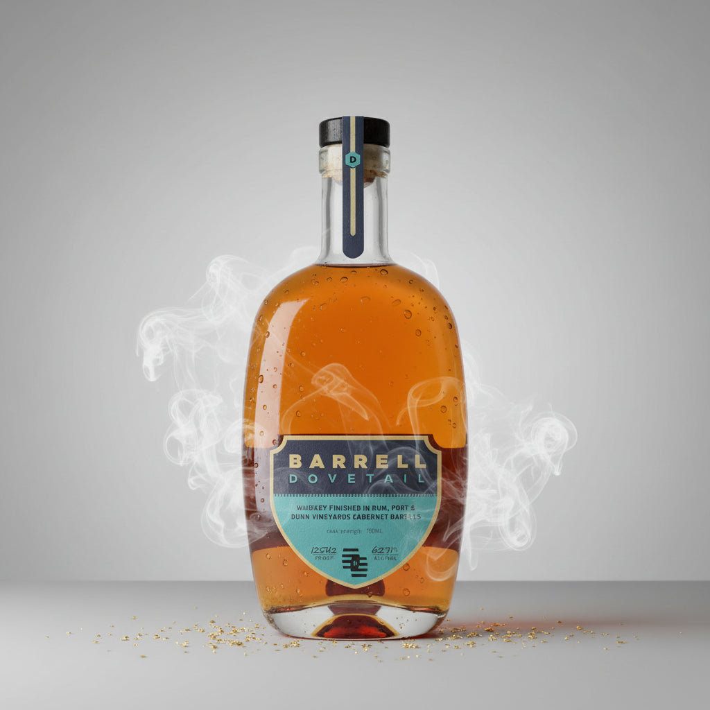 A bottle of Barrel Dovetail whiskey with amber liquid, a black cap, and a label featuring navy, gold, and teal colors, set against a plain white background.