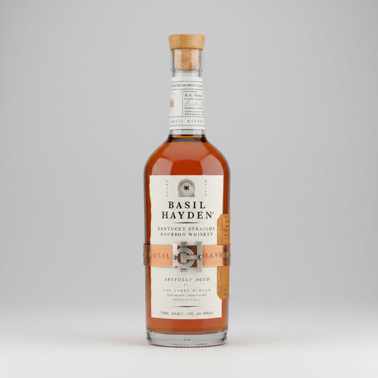 Bottle of Basil Hayden Kentucky Straight Bourbon Whiskey on a white background