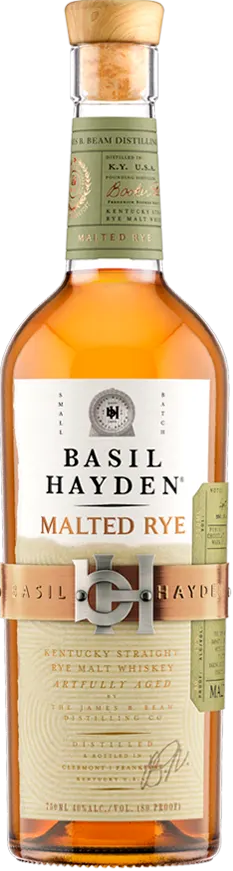Bottle of Basil Hayden Malted Rye whiskey on a white background
