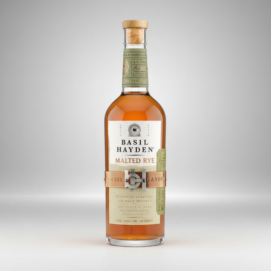 Bottle of Basil Hayden Malted Rye whiskey on a white background